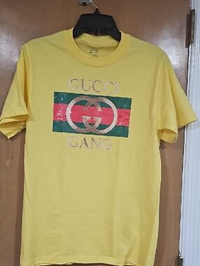 Gucci Yellow Tee with Red and Green Stripe Logo